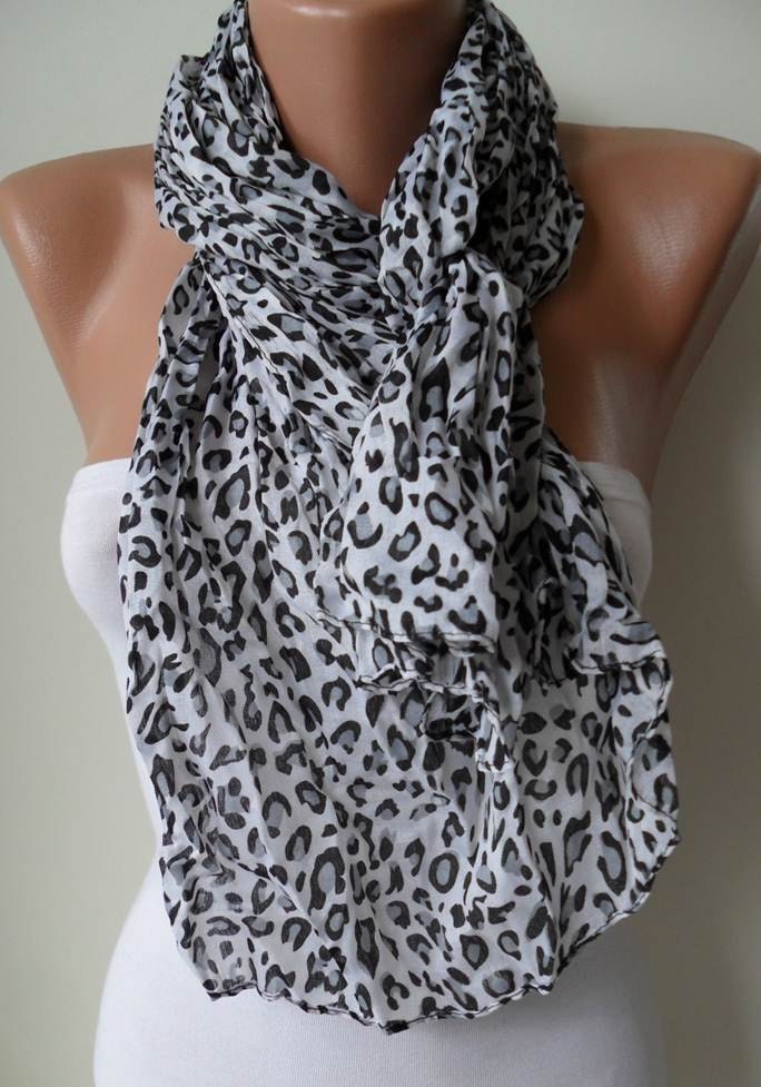 SALE - White - Grey and Black Leopard Scarf for Summer