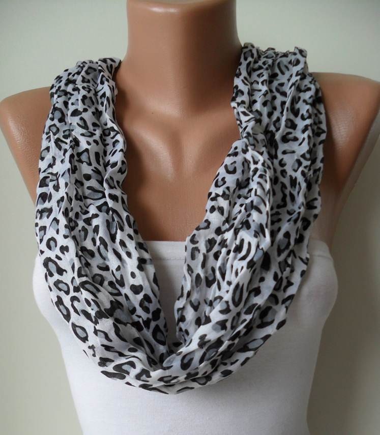 SALE - White - Grey and Black Leopard Scarf for Summer