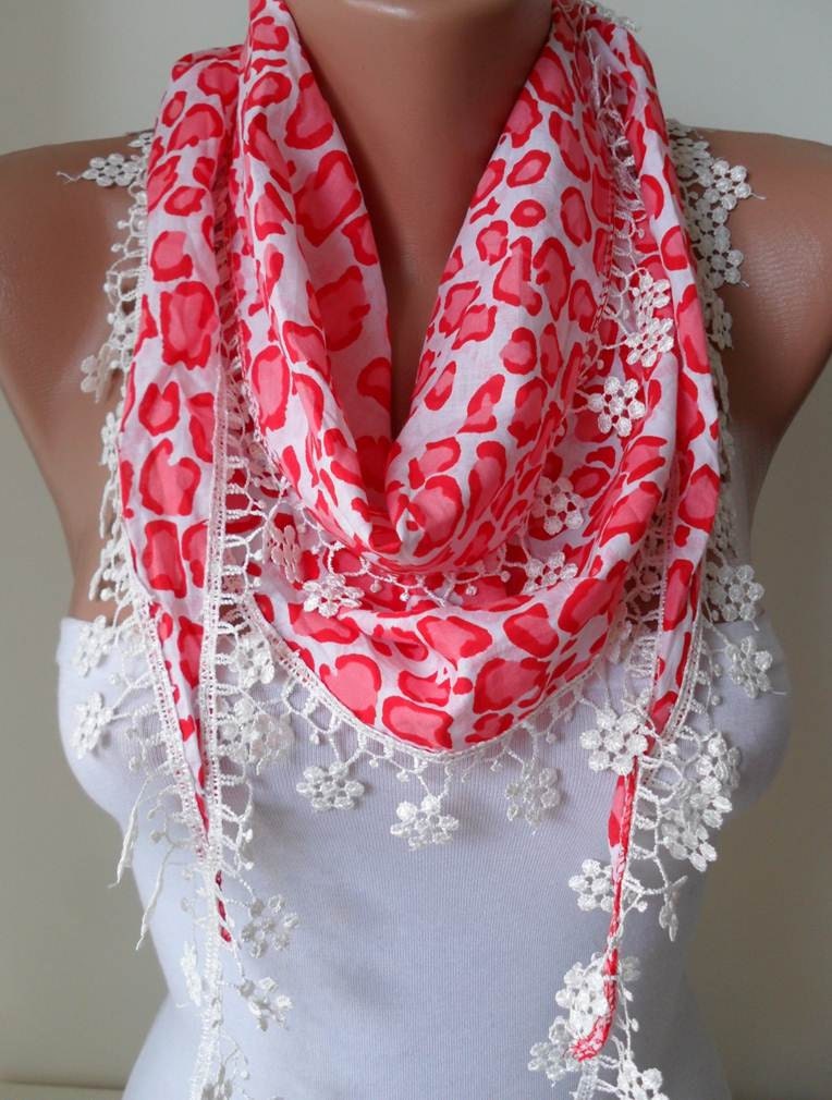 Spring Scarf with White Flowered Trim Edge