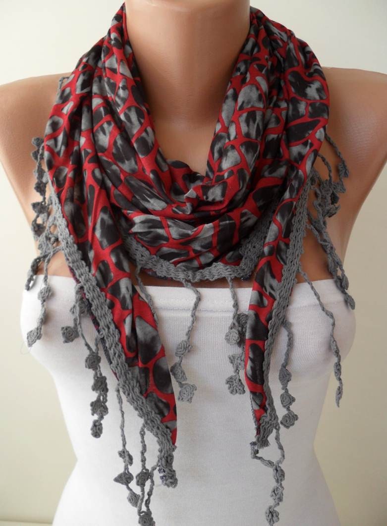 Leopard Print - Red and Grey Scarf - with Grey Trim Edge