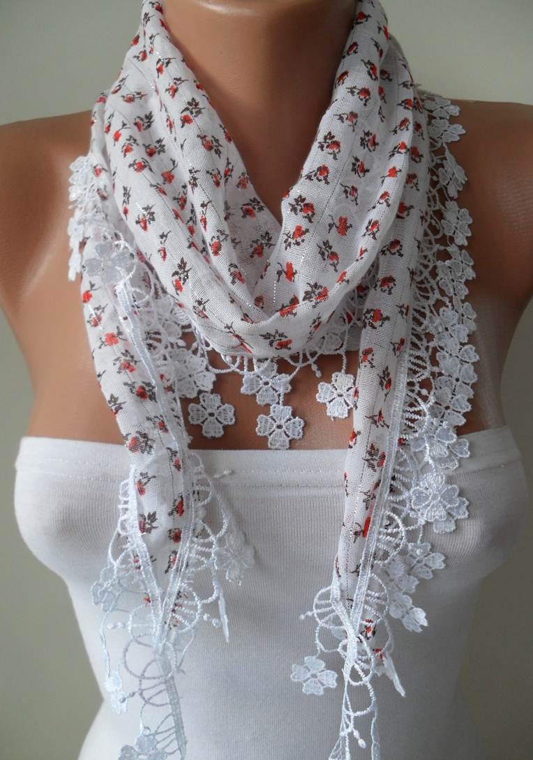 White Scarf with Orange Flowered Fabric - with White Trim Edge