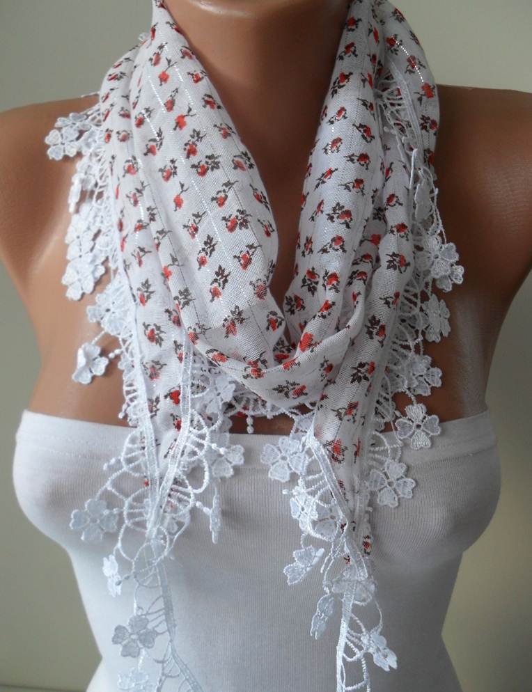 White Scarf with Orange Flowered Fabric - with White Trim Edge