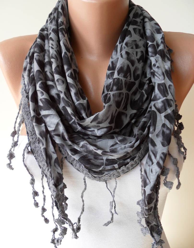 ON SALE - Leopard Print - Grey Scarf - with Trim Edge