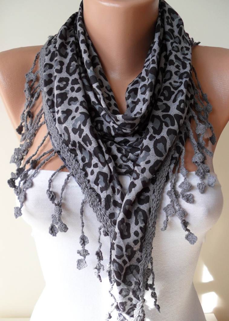 ON SALE - Leopard - Grey Scarf - with Grey Trim Edge