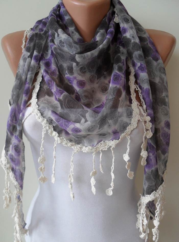 Linen Scarf - Purple and Grey Flowered Scarf - with Grey Trim Edge - Triangular