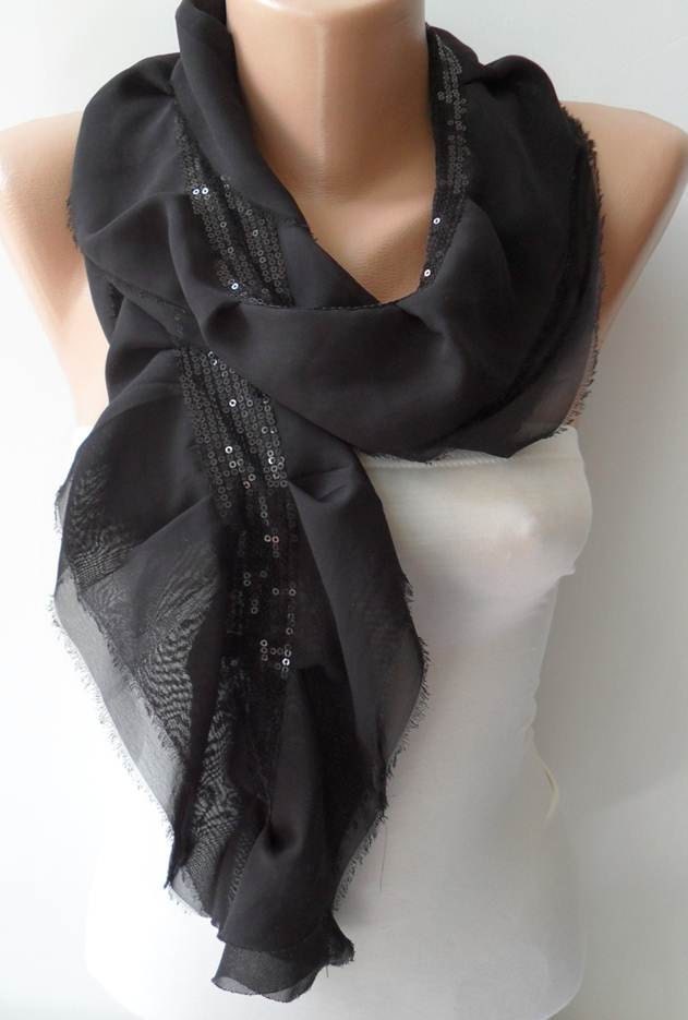 New - Black Ruffled and Chiffon Scarf with Black Sequins