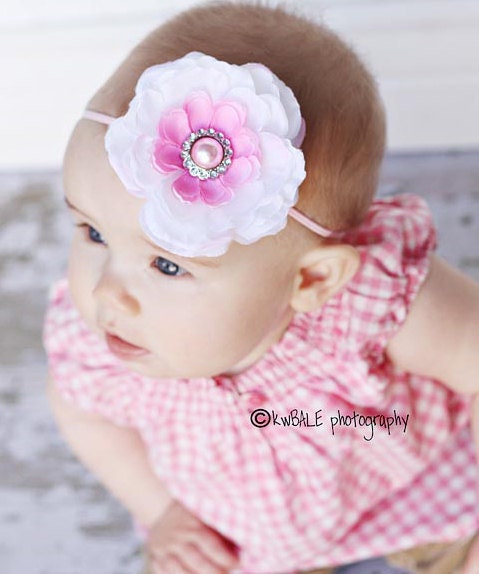 Baby Headband - Baby Girl Headbands - Pink & White Ruffle Flower Headband - Newborn Headband - Baby Flower Headband