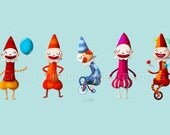 Children illustration art print colorful circus clowns 5.8" x 8.3" A5