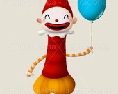 Children illustration art print  circus clown with ballon 5.8" x 8.3" A5