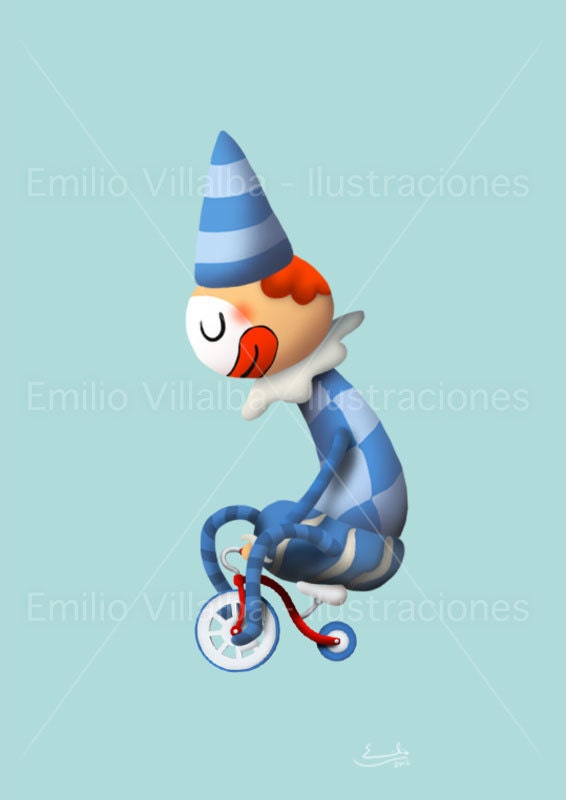 Children illustration art print  blue circus clown 5.8" x 8.3" A5