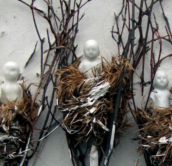Mixed Media Antique Doll and Bird Nest Shadow Box  Assemblage