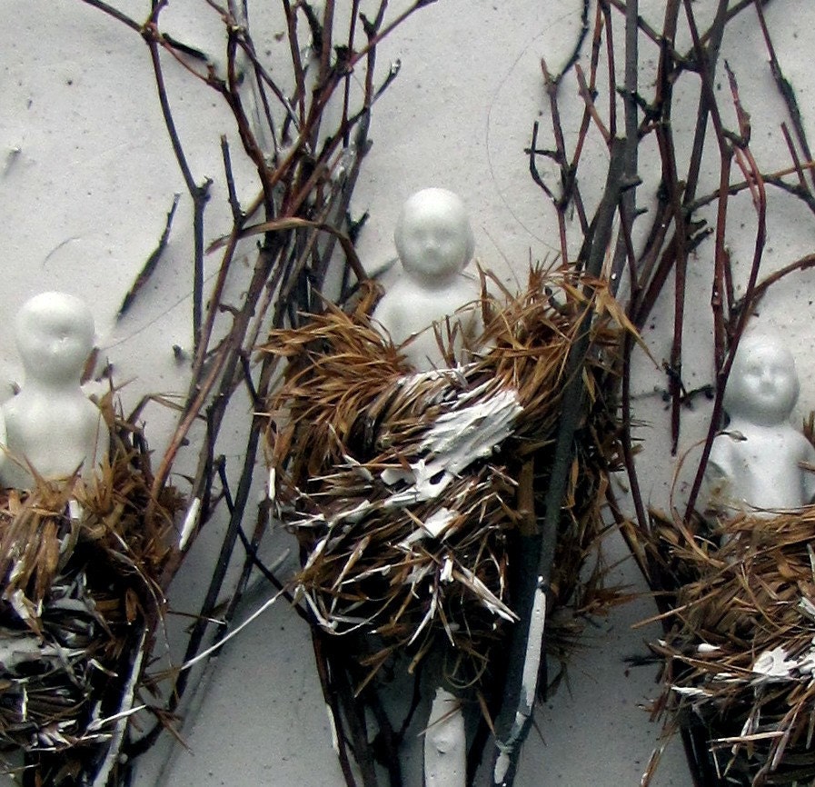 Mixed Media Antique Doll and Bird Nest Shadow Box  Assemblage