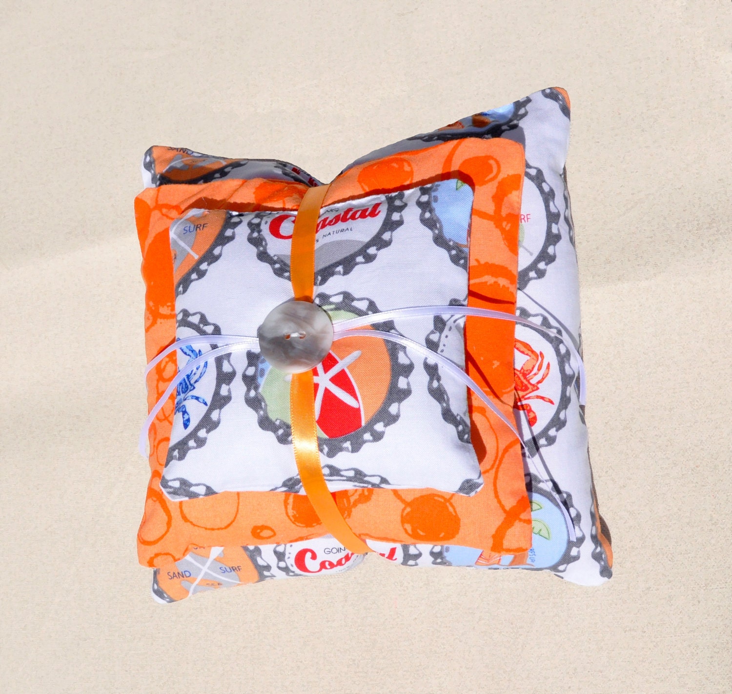 Beach Ring Bearer Pillow - Vintage/Bottlecap Motif