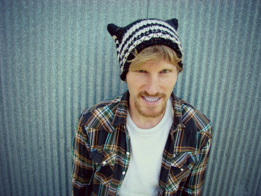 Black and White Striped Hand Knit Wild Kitty Hat