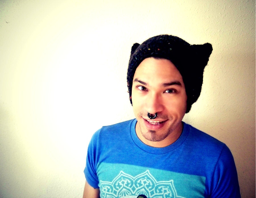 Boxy Black and Rainbow Speckled Cat Ear Hat-Adult-Handknit