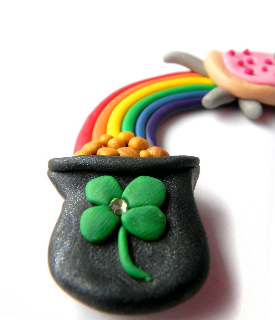 Nyan Cat Rainbow and Pot of Gold - St. Patrick's Magnet - Polymer Clay and Swarovski Rhinestone