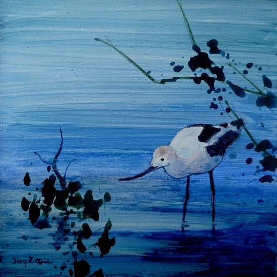 Avocet in Bay, Original Watercolor
