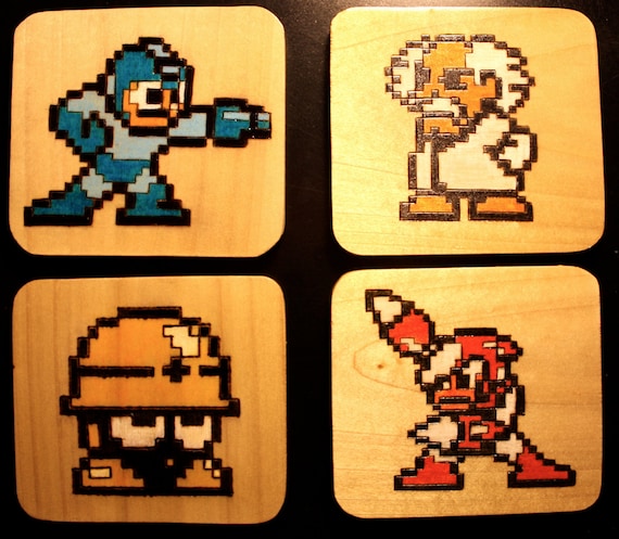 Wood Burned MegaMan Sprite Coasters Set of 4