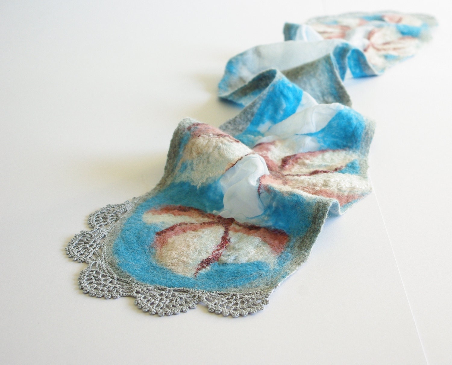Nuno felted scarf ''Spring magnolia''/ blue, pink, white