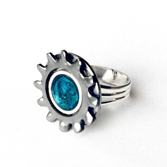 Unisex Silver Ring, Adjustable Silver Ring, Teal Ring, Teal Jewelry, Blue Ring, Mens ring, Womens ring, Gear Ring, Mechanics Ring