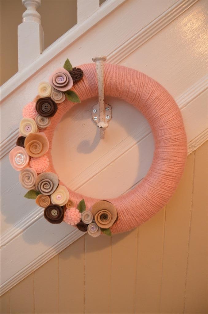 Yarn Wreath - NURSERY, MOTHER'S DAY - 12 inch Rose Yarn Covered Straw Wreath with Handcrafted Felt Flowers
