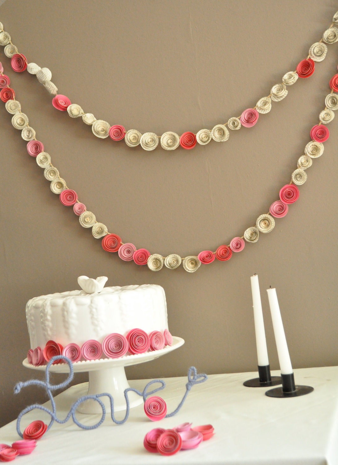 Paper Flower Garland Shades of pink Upcycled book pages- 8 Feet
