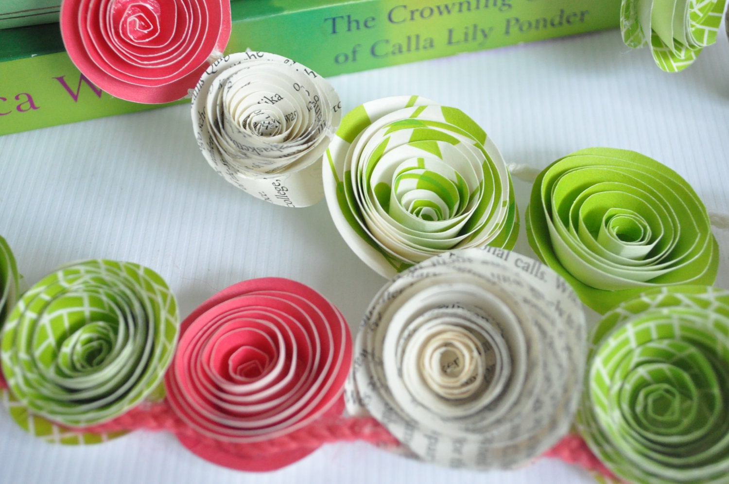 Pink Green Paper Flower Garland- Birthday Party- Baby Shower- Home Decor-Paper Banner