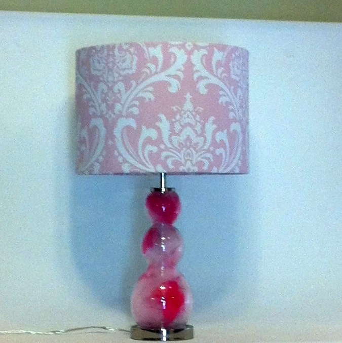 silver clear lamp with drum lamp shade in pink and white Premier Prints fabric in Madison Bella Pink