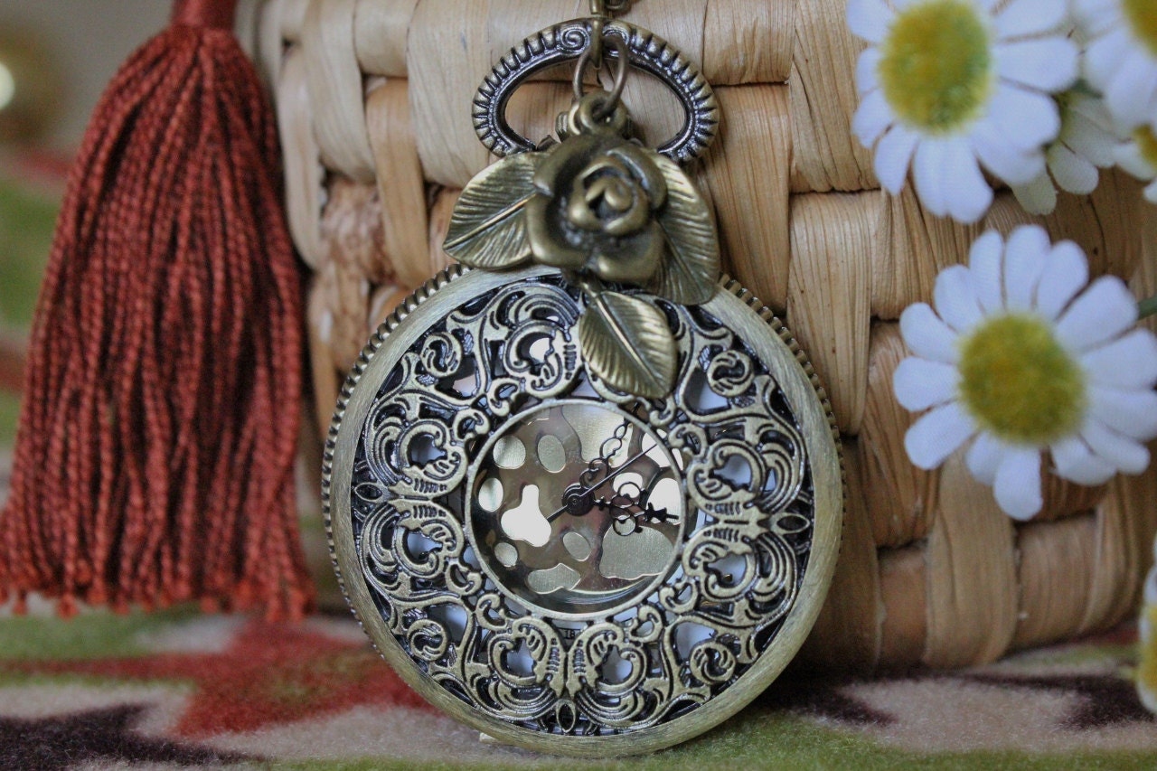 Steampunk Filigree Pocket Watch Necklace with Leaf, Rose and Key Charm