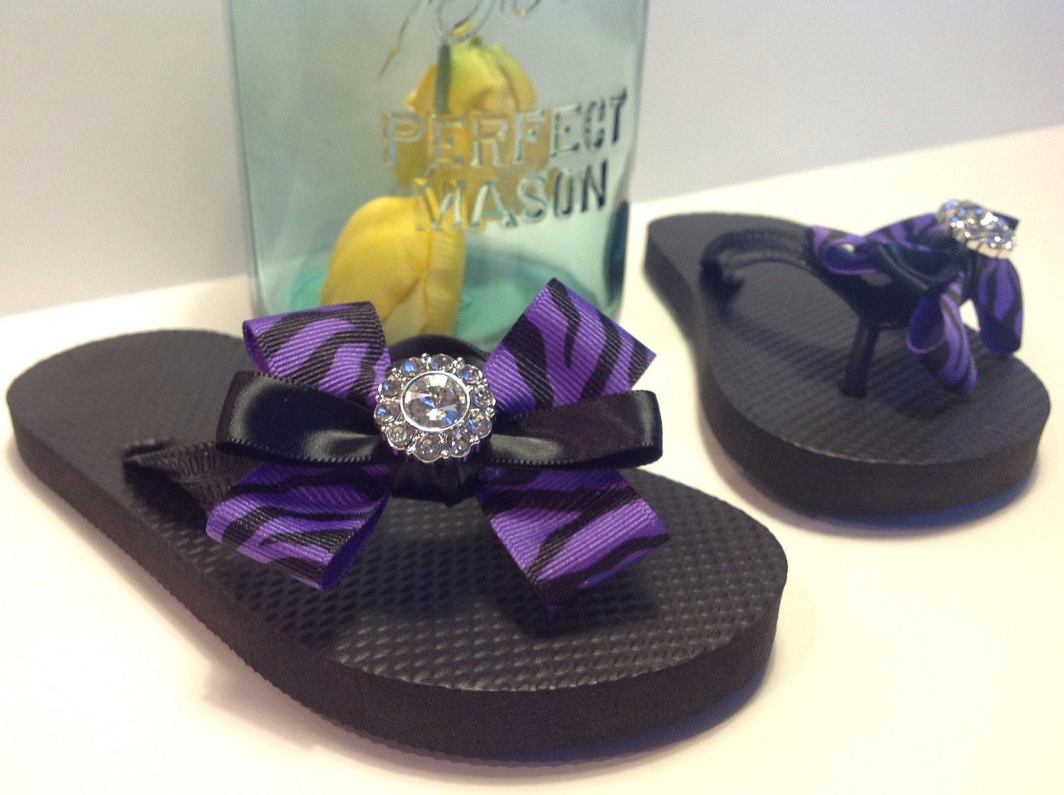 Little Girl Purple and Black Zebra Bow Flip Flops with Rhinestone