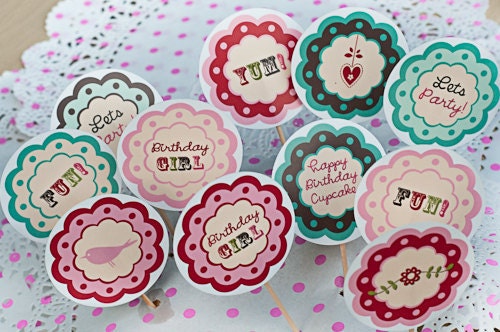 DIY Printable birthday cupcake toppers Vintage Tea Party Cake decorations Il_170x135