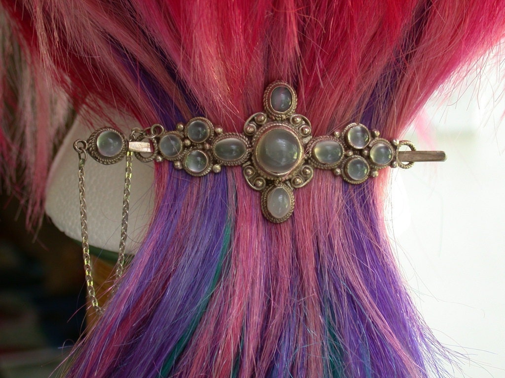 Moonstone and Sterling Silver Hair Clasp from Nepal--Vintage June Birthstone - WanderingFireGallery