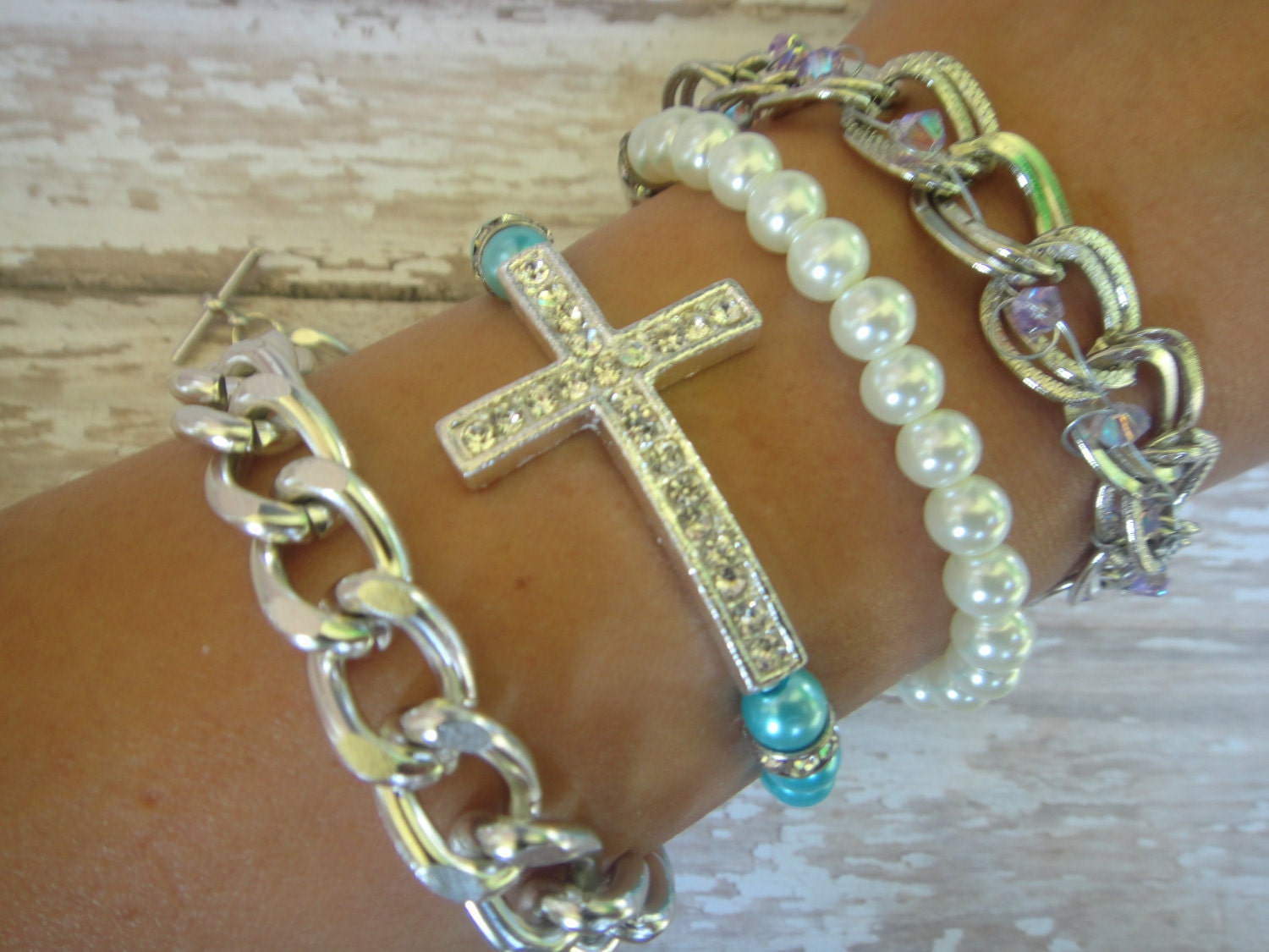 Pave Cross and Pearl Bracelet