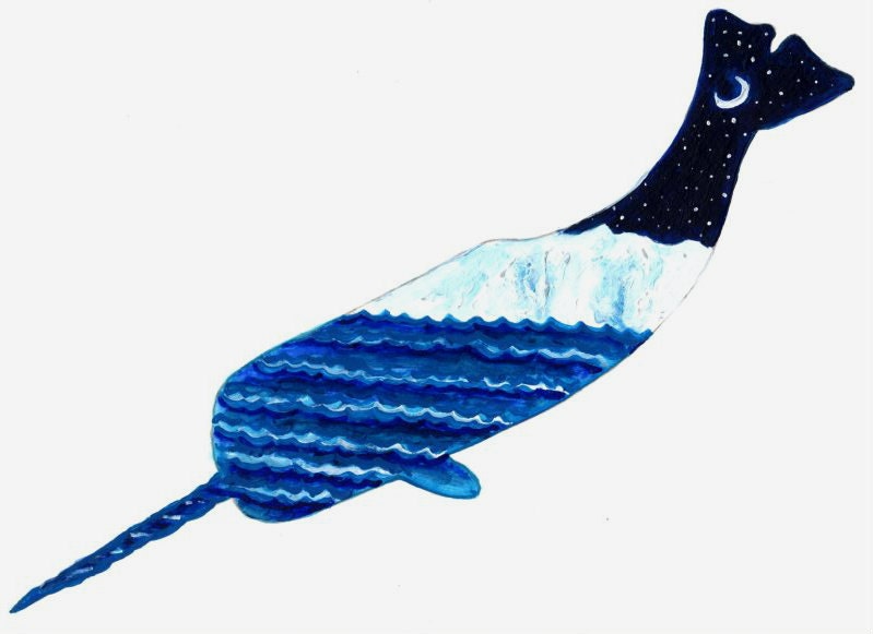 Narwhal Glacier Starry Night - Original Watercolor 8" by 12" - uniquelyyew