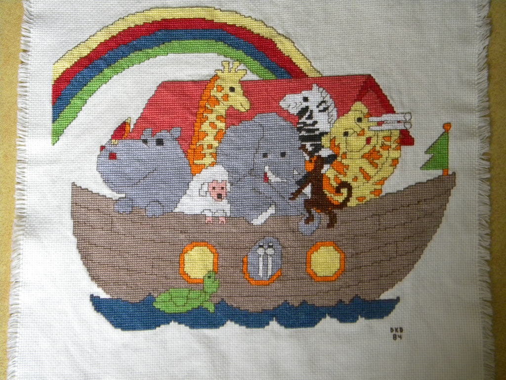 1984 Noah's Ark  cross stitch signed DKD 1984