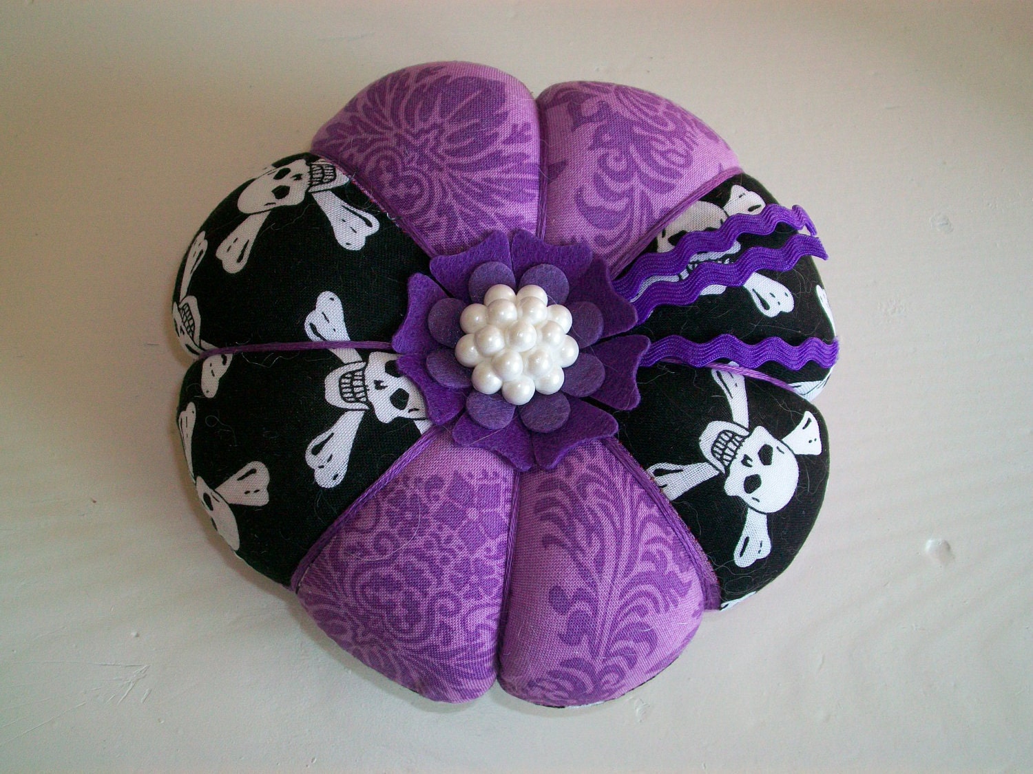Purple Damask and Skull & Crossbones Pin Cushion