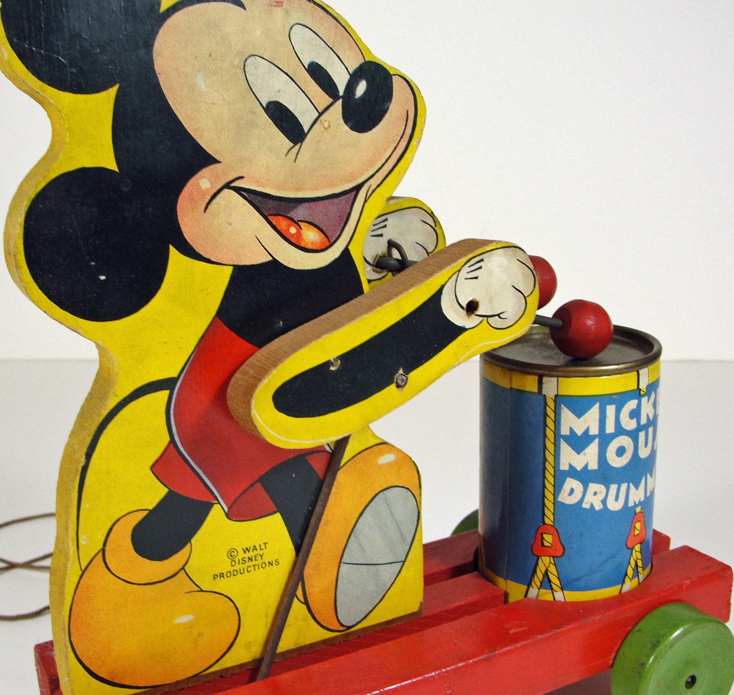 SALE 1940s Wood Mickey Mouse Drummer Pull Toy No. 476 - Vintage Fisher Price Childrens Wooden Toys - Collectors Gift