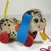 Vintage Fisher Price Wood Dog Pull Toy - 60s Playful Puppy No. 626 Yellow Shoe - Red White Blue Kids Toys