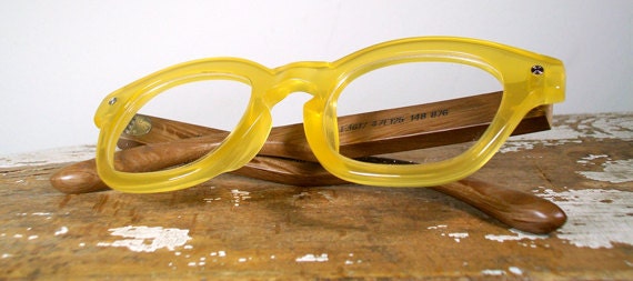 handmade rosewood and transparent yellow glasses / pale yellow acetate and wood eyeglasses