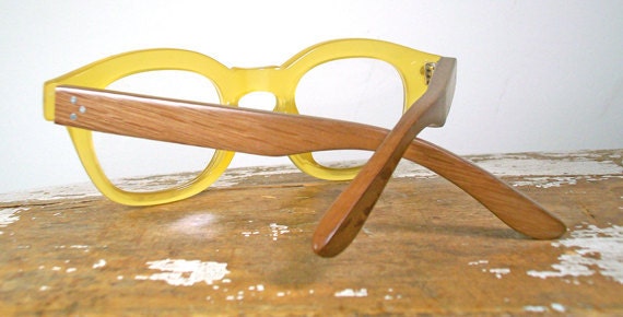handmade rosewood and transparent yellow glasses / pale yellow acetate and wood eyeglasses