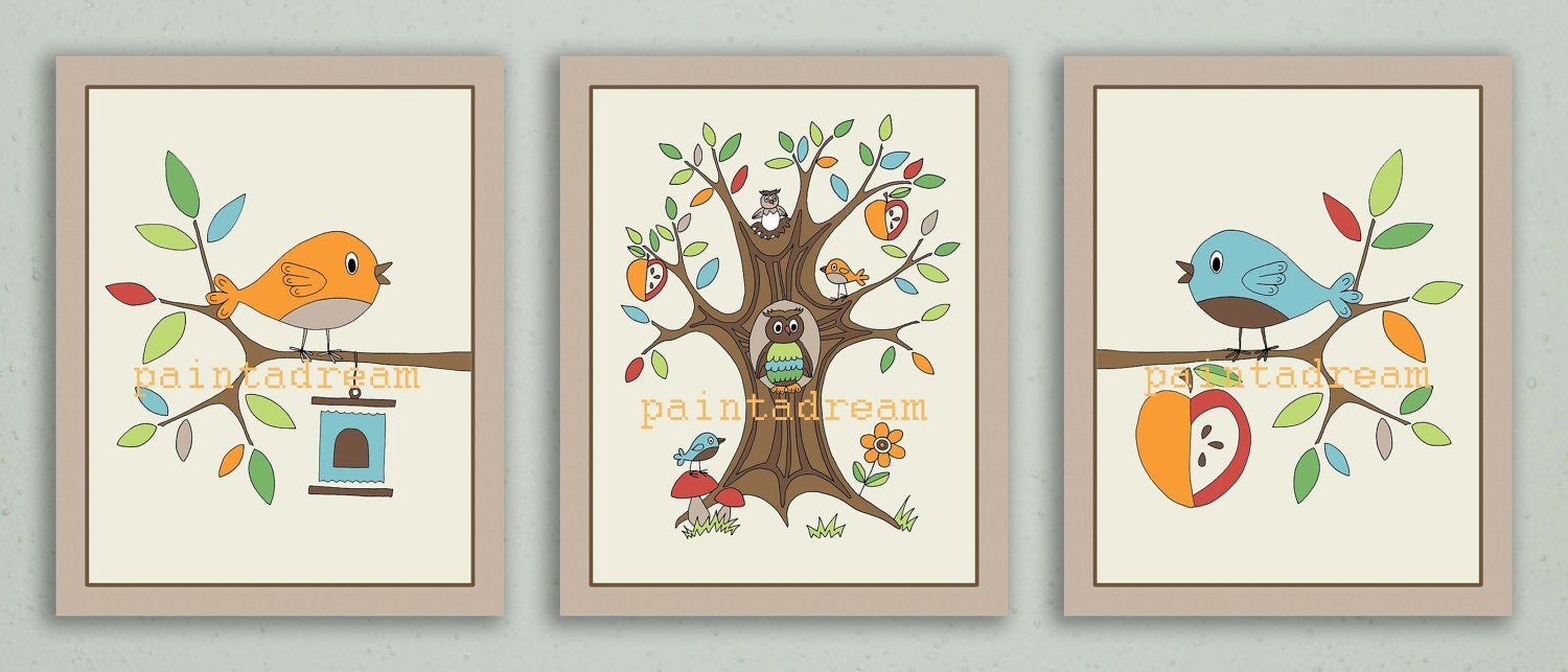 TREETOP FRIENDS Giclee 8x10 PRINT Set of 3 Baby Nursery Children Kids Boy Girl Bedding Art Wall Decor Birds Owl Tree