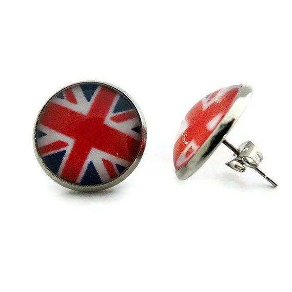 Union Jack Earrings, Stud Earrings, Silver Tone British Flag Jewelry
