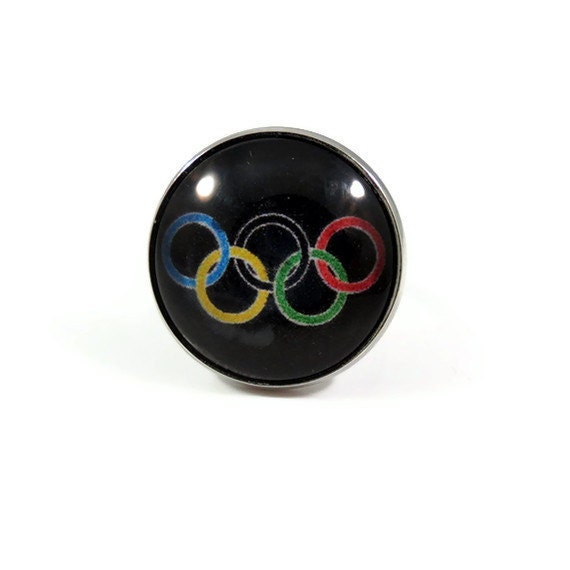 Olympics Ring, Adjustable Silver Tone Ring, Black Background