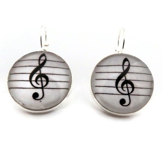 Treble Clef Earrings, Music Lever Back, SIlver Tone