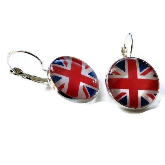 Union Jack Earrings, London Olympic Lever Back Earrings, British Flag Jewelry, Silver Tone