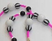Neon Pink Necklace Black White Stripes Silver Long Beaded Hot Summer Fashion Jewelry