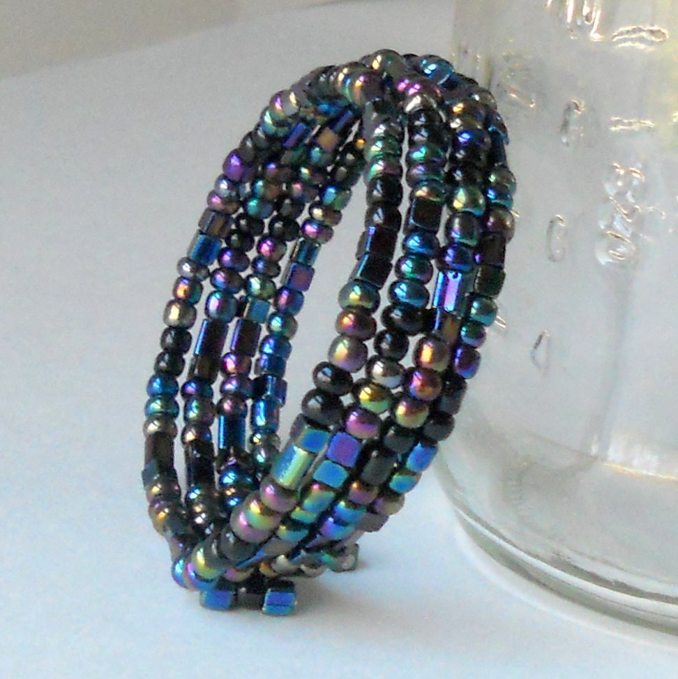 Black Iridescent Bracelet Beaded Memory Wire Fashion Jewelry Stacked Wrap