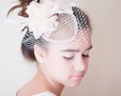 Bridal Mini Hat - Handmade Linen Flower, Velvet Millinery Leaves and Ivory Stripped Rooster Tail / Blush & Peach