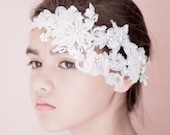 Bridal Headpiece - Ivory Silk Organza Flowers, Rhinestone, Pearls and Beaded Lace Headband / Ivory/Silver
