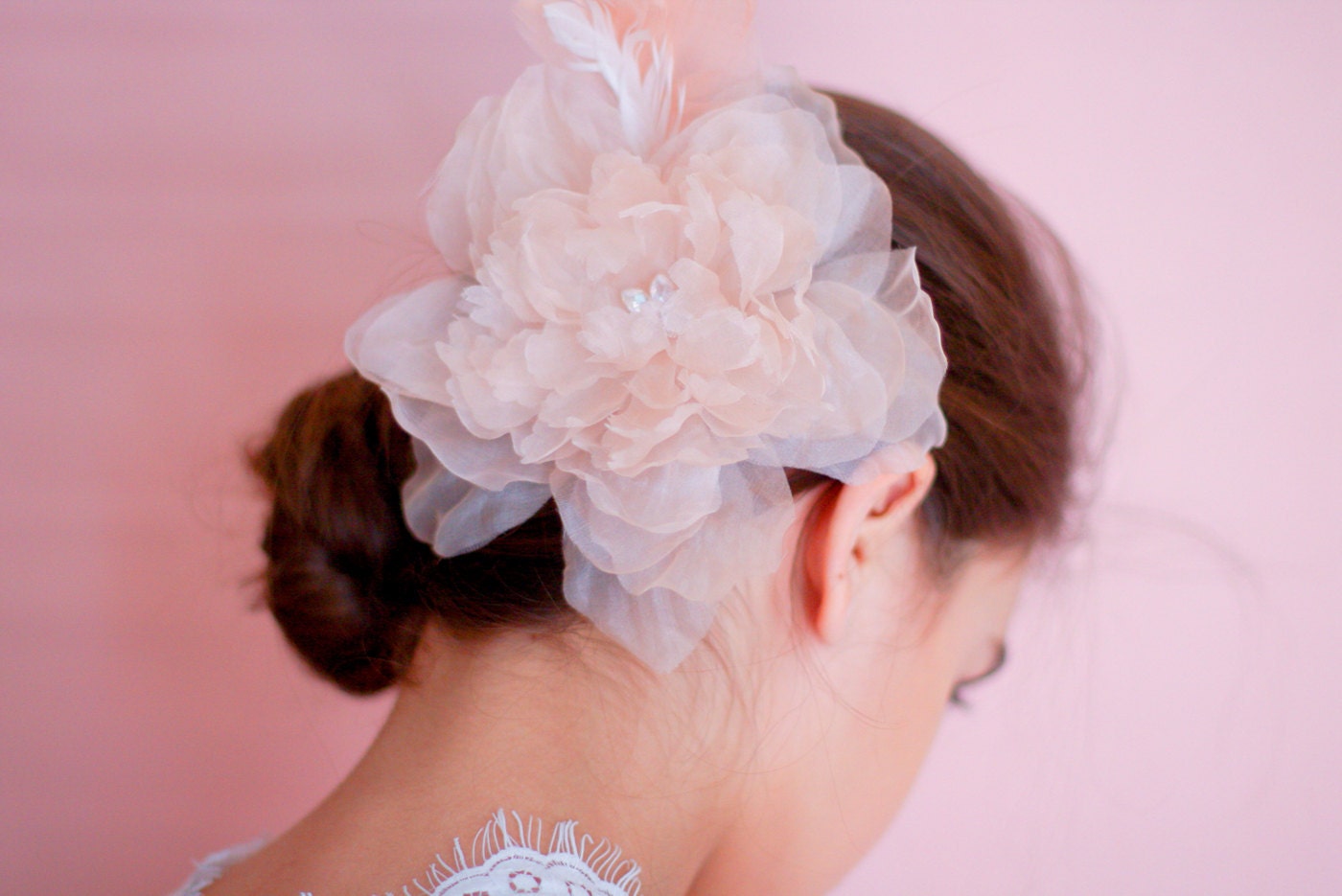Bridal Silk Hair Flower with Large Silk Organza Flower with Swarovski crystals  and Feather   / Blush Pink